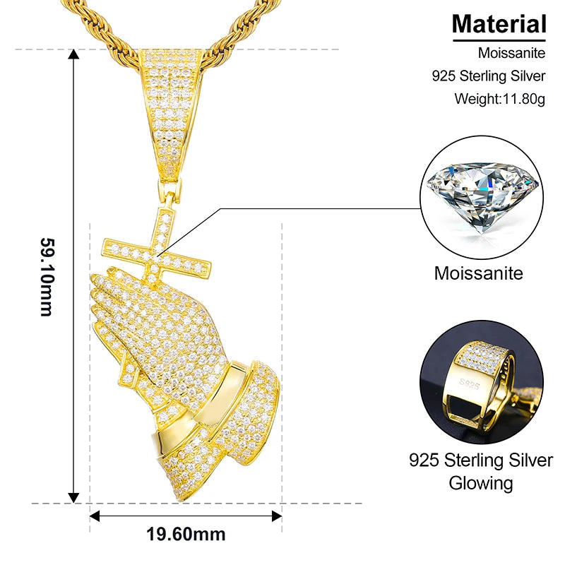 Dropshipping Christmas Jewelry Gift 925 Sterling Silver VVS Moissanite Diamond Bling Cross Pray Hand Pendant Necklace