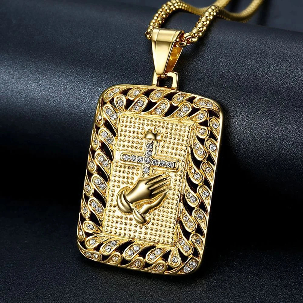 Religious Square Praying Hands Cross Pendant Necklace for Women/Men Gold Color Stainless Steel Christian Necklaces Male Jewelry