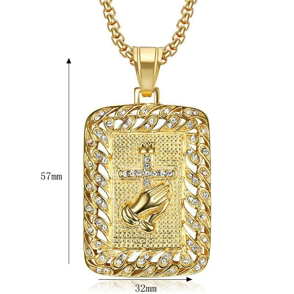 Religious Square Praying Hands Cross Pendant Necklace for Women/Men Gold Color Stainless Steel Christian Necklaces Male Jewelry