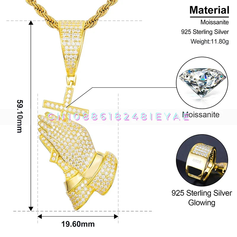 Dropshipping Christmas Jewelry Gift 925 Sterling Silver VVS Moissanite Diamond Bling Cross Pray Hand Pendant Necklace