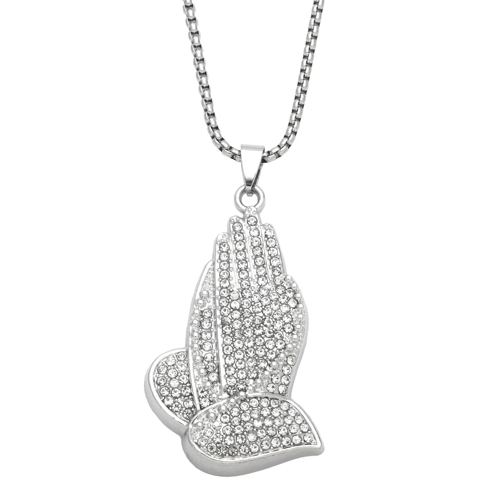 Mans Zinc alloy Heart of Faith Praying Hand Necklace Stainless Steel Box Chain Hip Hop Pendant Jewelry Gift nkeb242