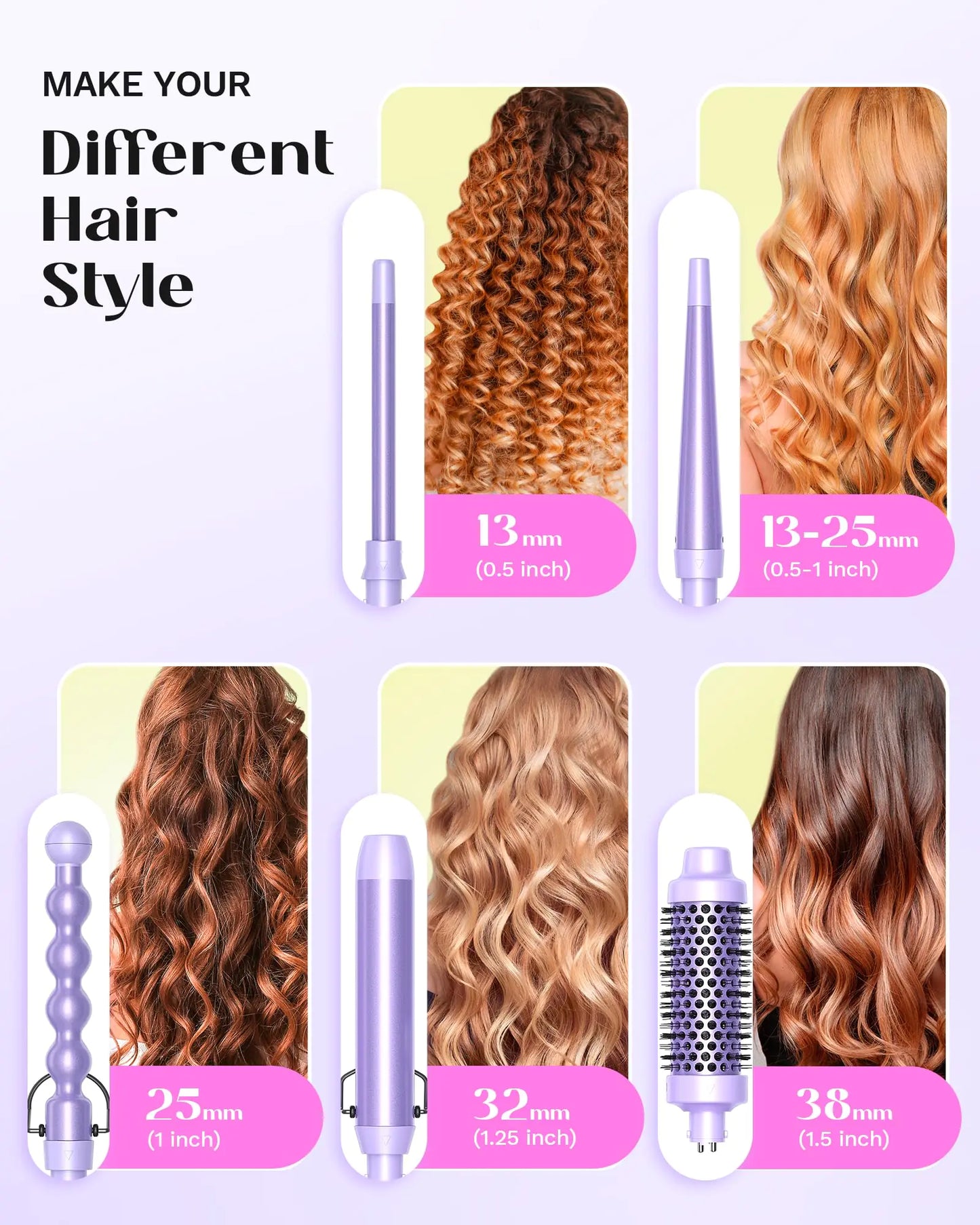 Wavytalk 5 in 1 Curling Iron,Curling Wand Set with Curling Brush and 4 Interchangeable Ceramic Curling Wand(0.5”-1.25”),Instant Heat Up,Include Heat Protective Glove & 2 Clips (Purple) Curling Wand (0.5"-1.25" ) Purple Lavender