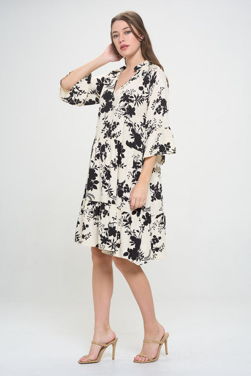 Floral Print V neck 3/4 Sleeve Tiered Dress