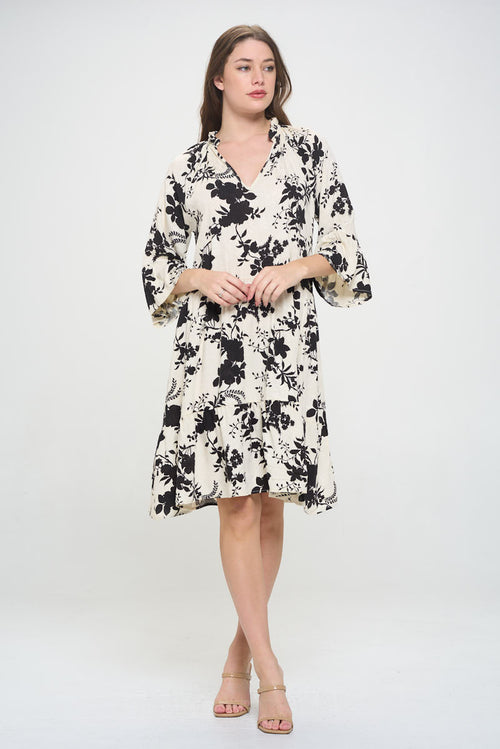 Floral Print V neck 3/4 Sleeve Tiered Dress