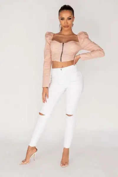 WHITE KNEE SLASH HIGH WAISTED JEGGING