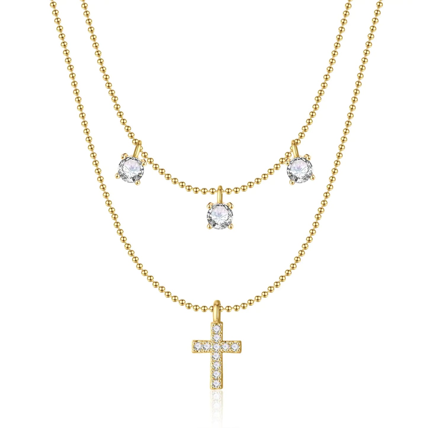 Cross Necklace for Women 14K Real Gold Silver Plated Dainty Small Cross Pendant Choker Simple Trendy Cute Cross Charm Chain Necklace Faith Jewelry Religious Minimalist Gift 2 Layered Bead+Diamond Cross-GD