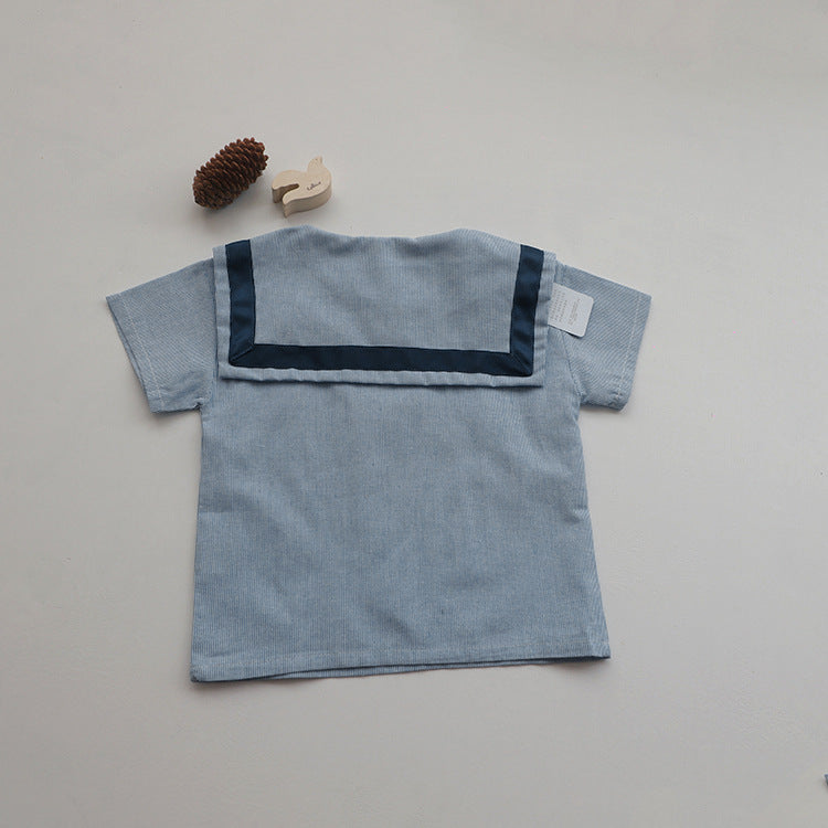 Baby Girl 1pc Contrast Tape Lapel Tops & Shorts Navy Style College