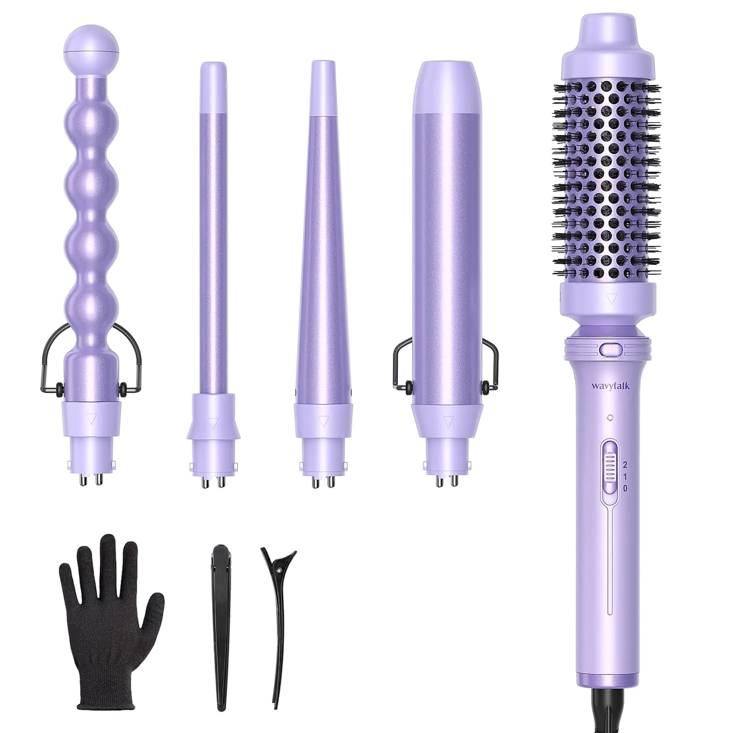 Wavytalk 5 in 1 Curling Iron,Curling Wand Set with Curling Brush and 4 Interchangeable Ceramic Curling Wand(0.5”-1.25”),Instant Heat Up,Include Heat Protective Glove & 2 Clips (Purple) Curling Wand (0.5"-1.25" ) Purple Lavender