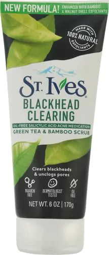 St. Ives Blackhead Clearing Face Scrub, Clears Blackheads & Unclogs Pores, Green Tea & Bamboo, Salicylic Acid Acne Treatment Facial Scrub, Moderate Exfoliator Skin Care with Natural Exfoliants 6 oz 6 Ounce (Pack of 1)