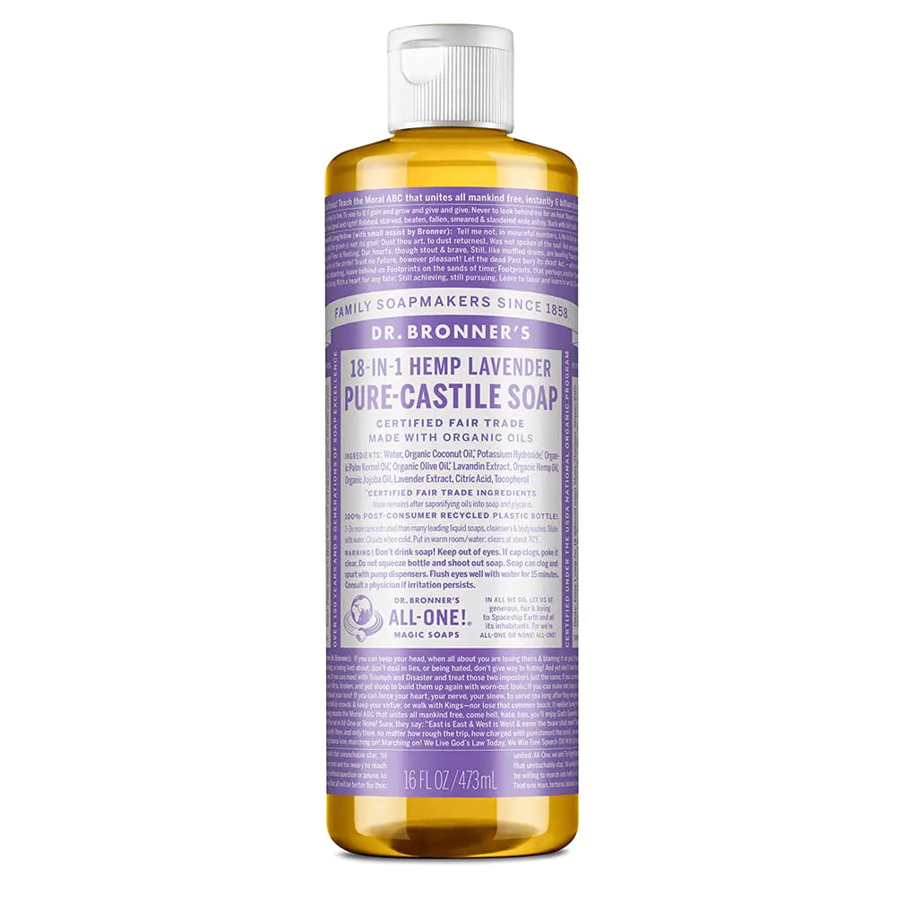 Dr. Bronner's - Pure-Castile Liquid Soap (Lavender, 16 ounce) - Made with Organic Oils, 18-in-1 Uses: Face, Body, Hair, Laundry, Pets & Dishes, Concentrated, Vegan, Non-GMO Lavender 16 Fl Oz (Pack of 1)