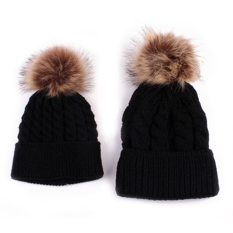 2018 2PCS/set Mom Mother+Baby Knit Pom Bobble Hat