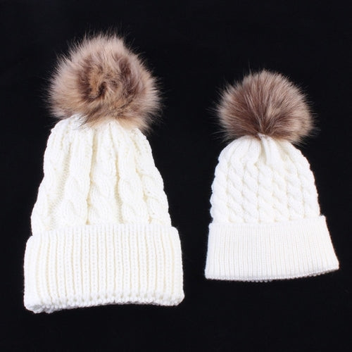 2018 2PCS/set Mom Mother+Baby Knit Pom Bobble Hat