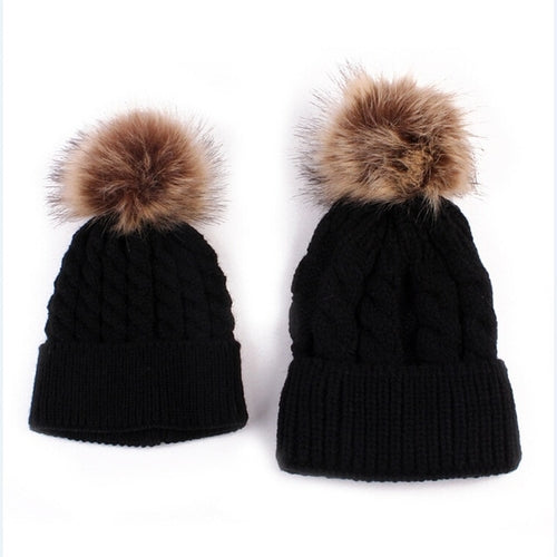 2018 2PCS/set Mom Mother+Baby Knit Pom Bobble Hat