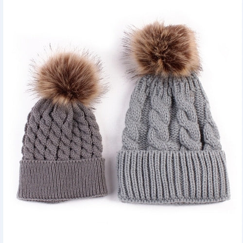 2018 2PCS/set Mom Mother+Baby Knit Pom Bobble Hat