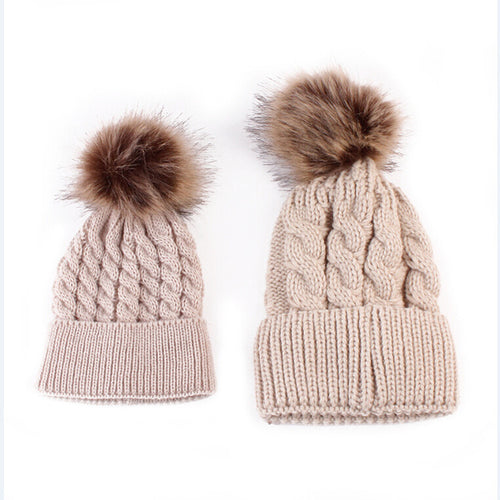 2018 2PCS/set Mom Mother+Baby Knit Pom Bobble Hat