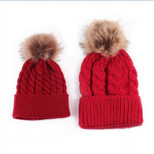 2018 2PCS/set Mom Mother+Baby Knit Pom Bobble Hat