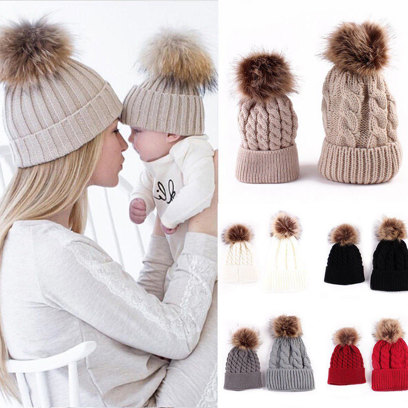 2018 2PCS/set Mom Mother+Baby Knit Pom Bobble Hat