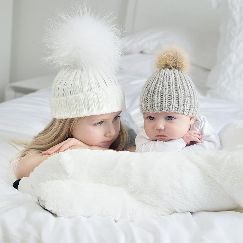 2018 2PCS/set Mom Mother+Baby Knit Pom Bobble Hat