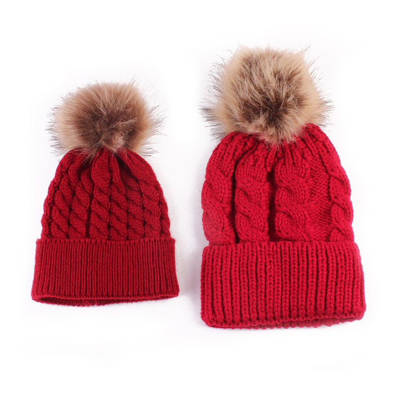 2018 2PCS/set Mom Mother+Baby Knit Pom Bobble Hat