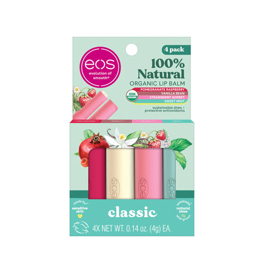 eos 100% Natural & Organic Lip Balm Sticks- Strawberry Sorbet, Vanilla Bean, Sweet Mint & Pomegranate Raspberry, Lip Care Products, 0.14 oz, 4-Pack 4 Pack Organic