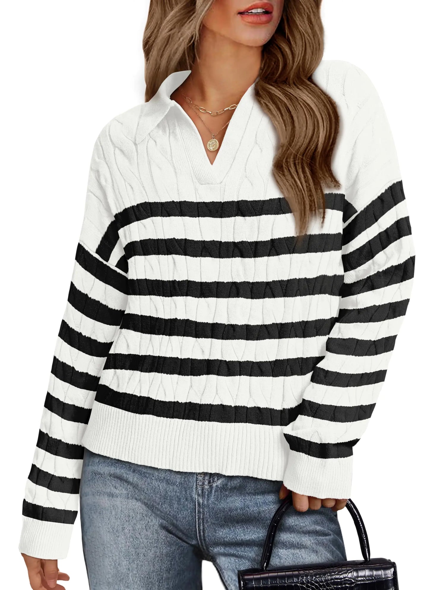 WIHOLL Long Sleeve Sweaters for Women 2024 Fall Winter Outfits Fashion Polo V Neck Clothes Tops 2-black Stripe XX-Large