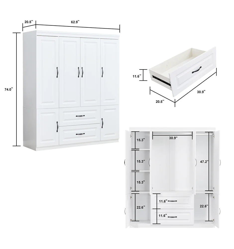 YG-15 74" H White Solid Wood Freestanding Wardrobe Closet for Clothes Storage. Bedroom Wardrobe Storage Cabinet featuring 2 Hanging Rod Shelves, 2 Drawers, and 5 Storage Compartments