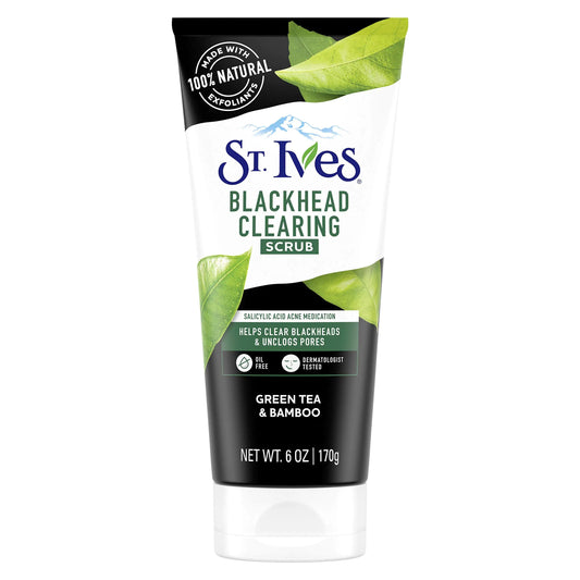St. Ives Blackhead Clearing Face Scrub, Clears Blackheads & Unclogs Pores, Green Tea & Bamboo, Salicylic Acid Acne Treatment Facial Scrub, Moderate Exfoliator Skin Care with Natural Exfoliants 6 oz 6 Ounce (Pack of 1)
