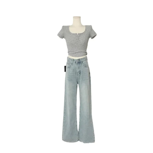 Ballet Embroidery Light Blue Wide-Leg Jeans