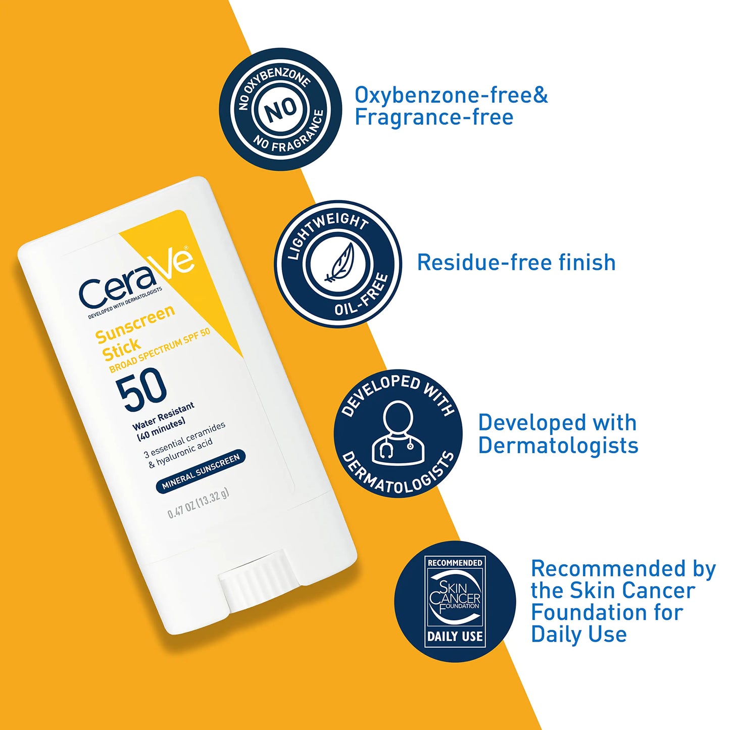 CeraVe Mineral Sunscreen Stick SPF 50 | Broad Spectrum SPF + Hyaluronic Acid + Ceramides | Titanium Dioxide & Zinc Oxide Sunscreen | 100% Mineral Face Sunscreen Stick | Fragrance Free & Oil Free