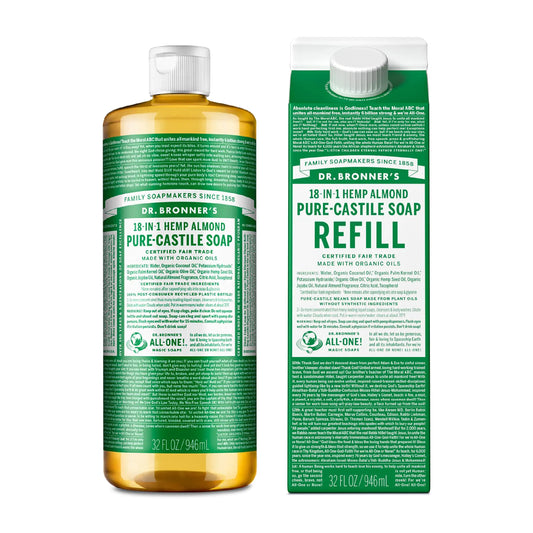 Dr. Bronner's - Pure-Castile Liquid Soap Bottle & Refill Carton Made with 82% Less Plastic (Almond, 32 oz) - Face, Body, Hair, Laundry, Dishes & More, Super-Concentrated, Organic, Vegan, Non-GMO Almond