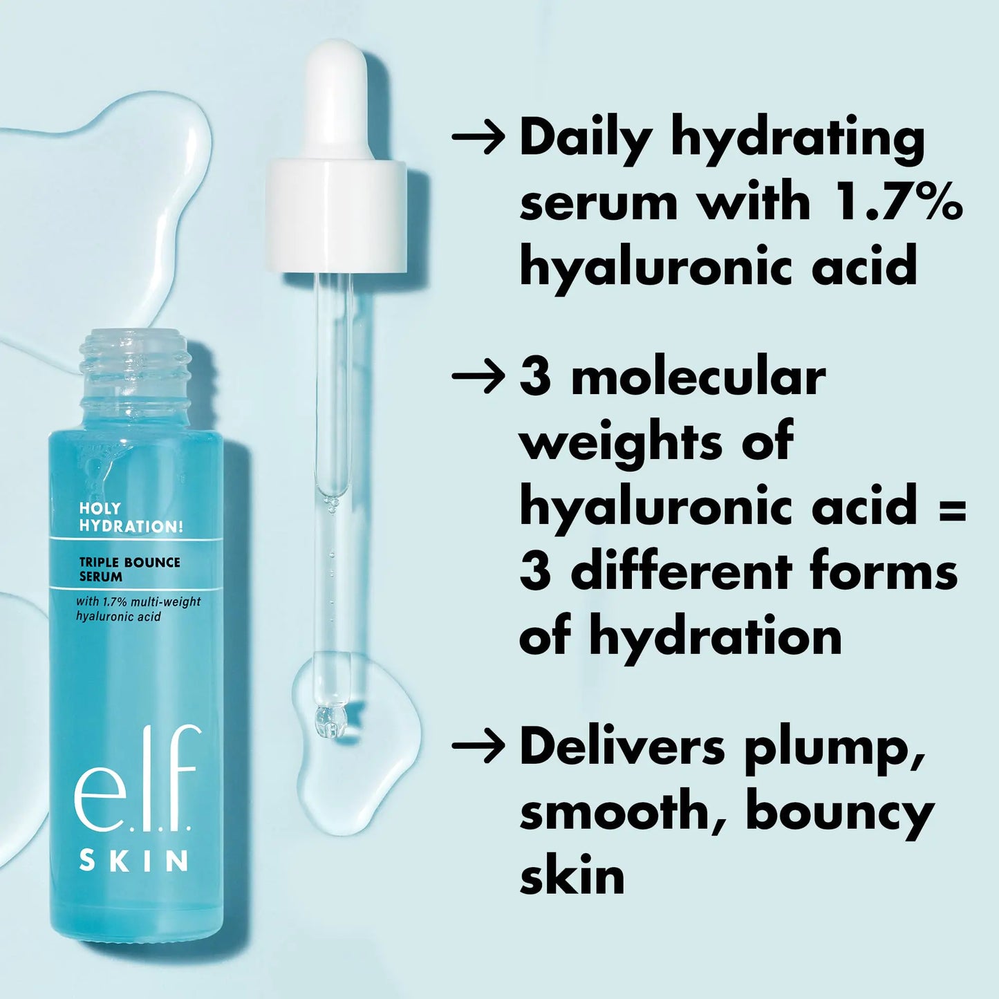 e.l.f. SKIN Holy Hydration! Triple Bounce Serum, 1.7% Hyaluronic Acid Serum For Plump, Bouncy Skin, Great For Hydrating Dry Skin 1.01 Fl Oz (Pack of 1)