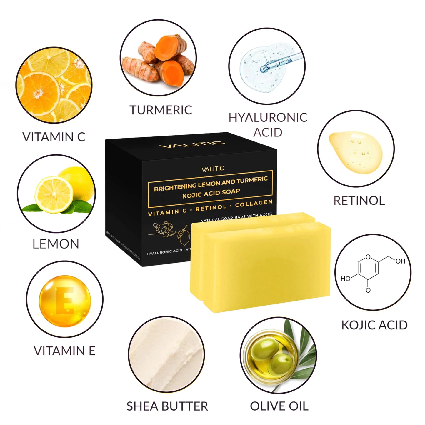 VALITIC Brightening Lemon & Turmeric Kojic Acid Soap with Vitamin C, Retinol, Collagen - Original Japanese Complex - with Hyaluronic Acid, Vitamin E, Shea Butter, Castile Olive Oil 2 Pack+Holder 2 Pack + Holder