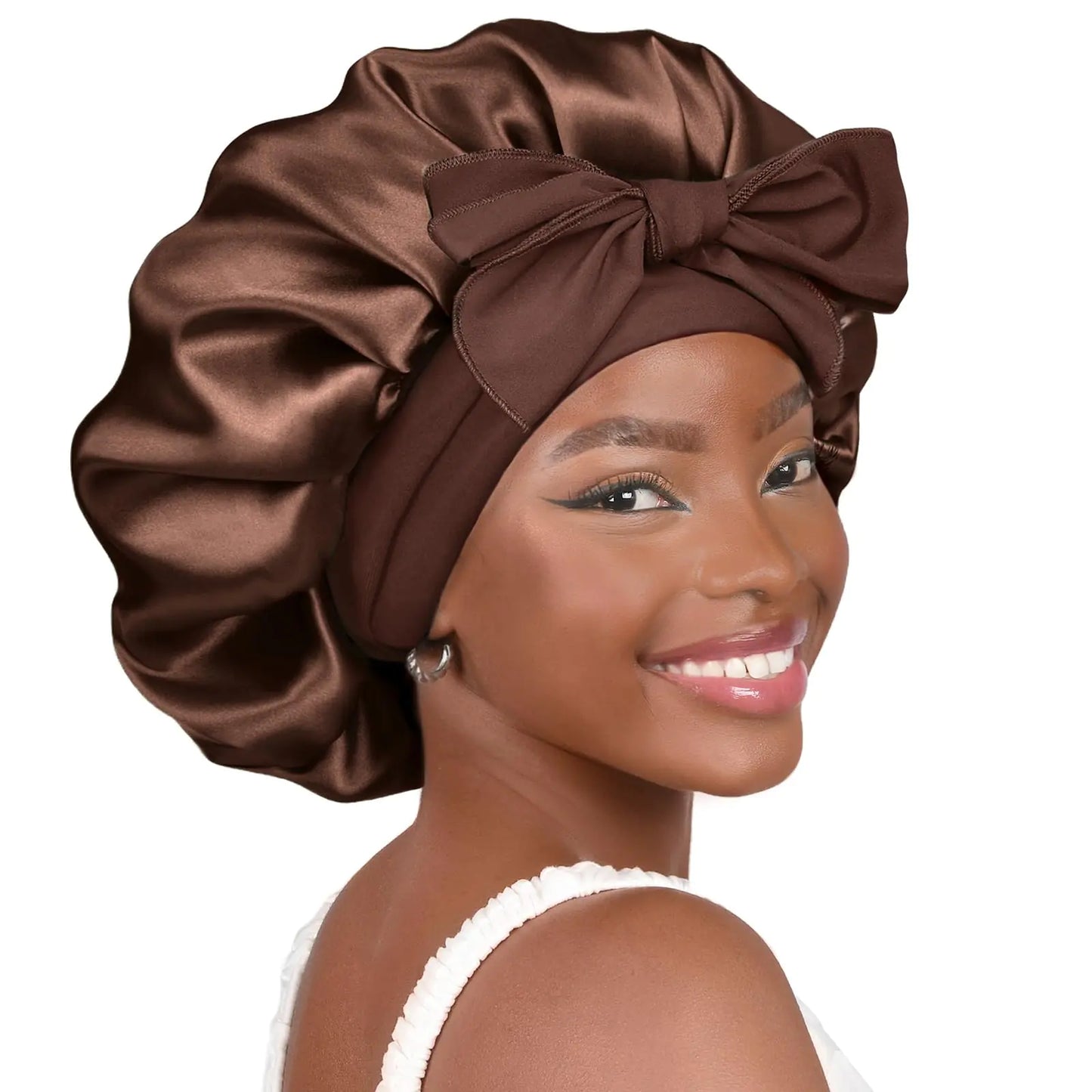 YANIBEST Satin Bonnet Silk Bonnet for Sleeping Double Layer Satin Lined Hair Bonnet with Tie Band for Women Curly Hair Large Brown