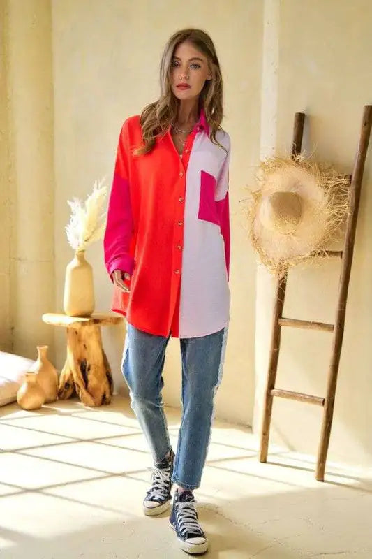 Color Block Button Up Blouse