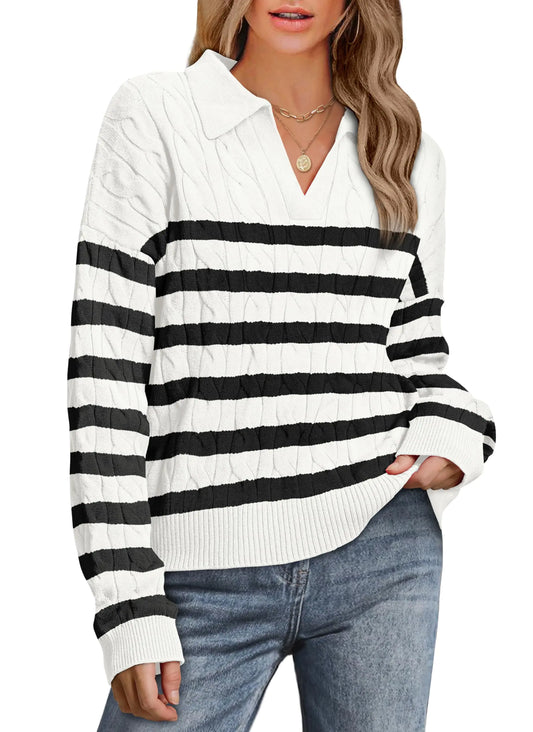 WIHOLL Long Sleeve Sweaters for Women 2024 Fall Winter Outfits Fashion Polo V Neck Clothes Tops 2-black Stripe XX-Large