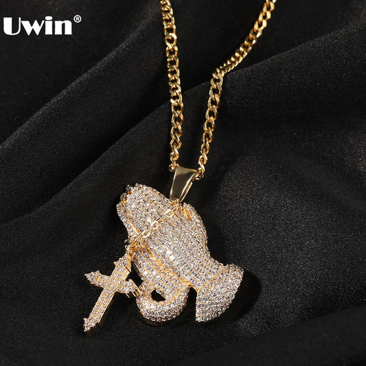 UWIN Praying Hands Cross Necklaces & Pendants For Men Women Iced Out Cubic Zirconia Jewelry With Solid Back for Drop Shipping