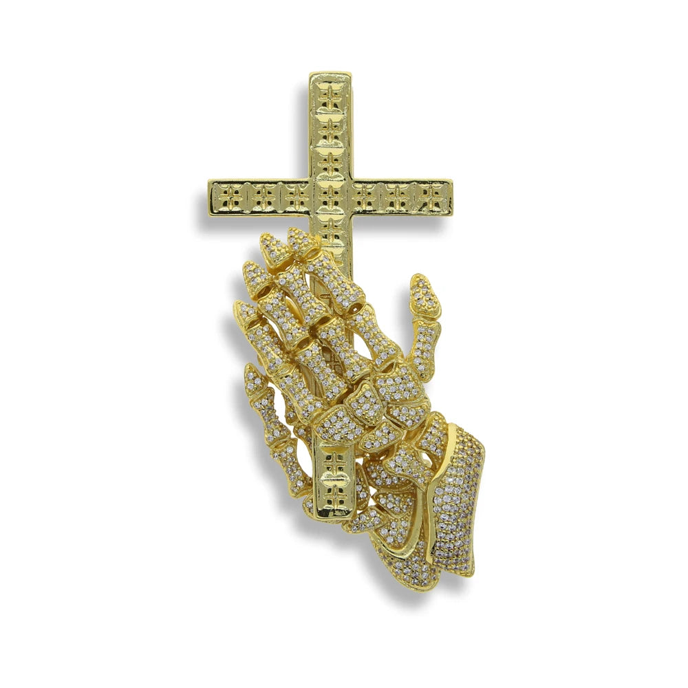 Wholesale Hip Hop Icde Cubic Zirconia CZ Iced Out Praying Hands Cross Necklaces Pendants For Men Jewelry With Twist Rope Chain