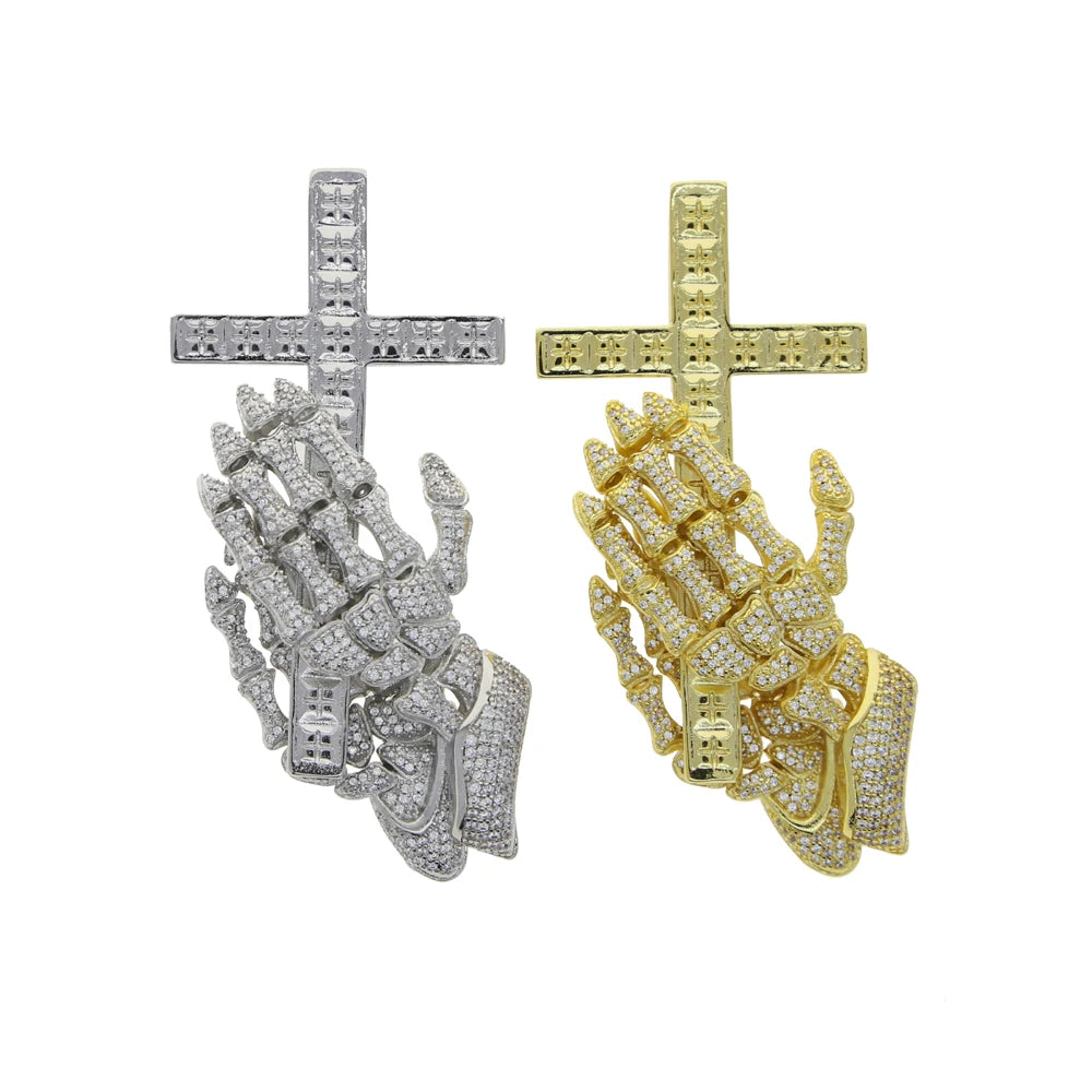 Wholesale Hip Hop Icde Cubic Zirconia CZ Iced Out Praying Hands Cross Necklaces Pendants For Men Jewelry With Twist Rope Chain