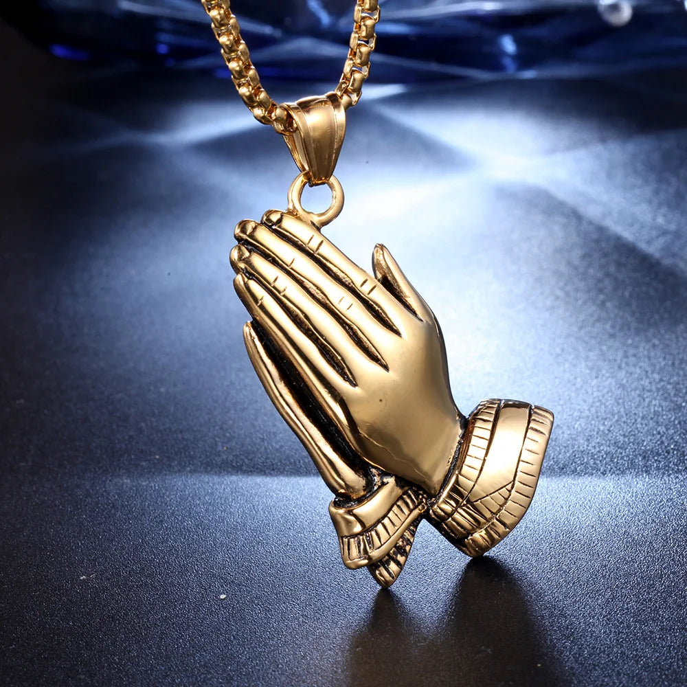 New Trendy Praying Hands Pendant Necklace Men's Necklace Fashion Metal Religious Amulet Pendant Accessories Party Jewelry