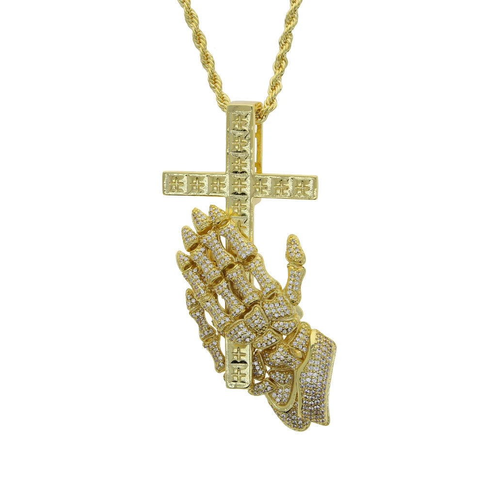 Wholesale Hip Hop Icde Cubic Zirconia CZ Iced Out Praying Hands Cross Necklaces Pendants For Men Jewelry With Twist Rope Chain