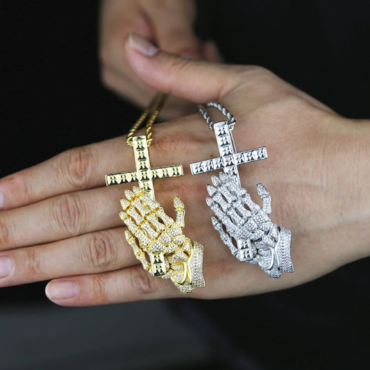 Wholesale Hip Hop Icde Cubic Zirconia CZ Iced Out Praying Hands Cross Necklaces Pendants For Men Jewelry With Twist Rope Chain