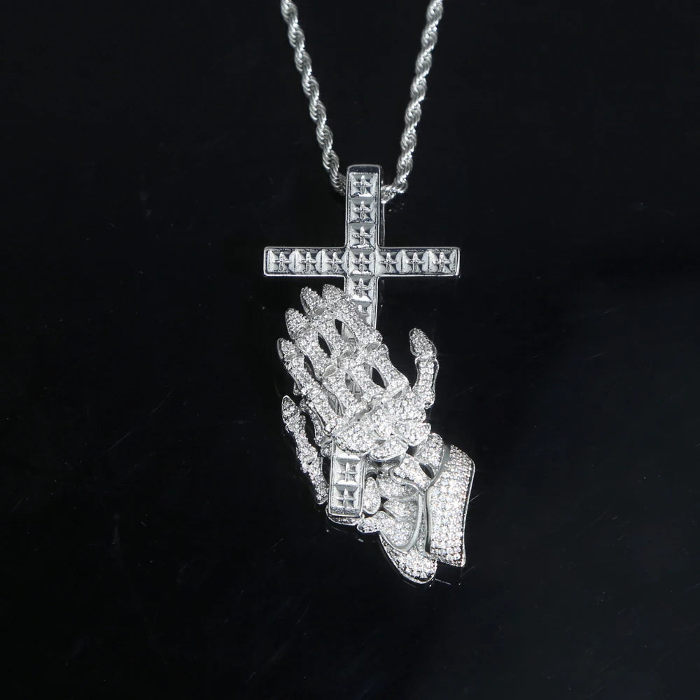 Wholesale Hip Hop Icde Cubic Zirconia CZ Iced Out Praying Hands Cross Necklaces Pendants For Men Jewelry With Twist Rope Chain