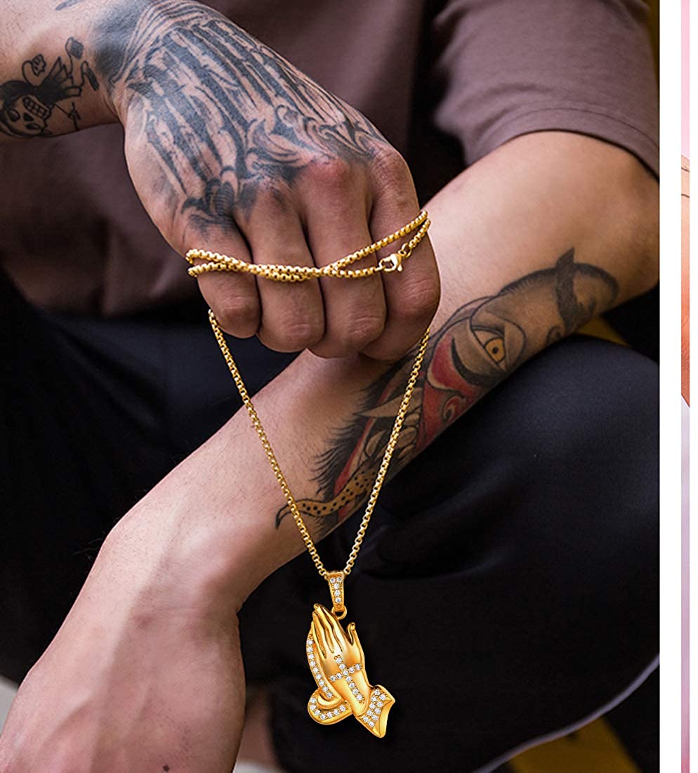 U7 Hip Hop Tennis Necklace CZ Inlaid Praying Hands Pendant Necklace for Men