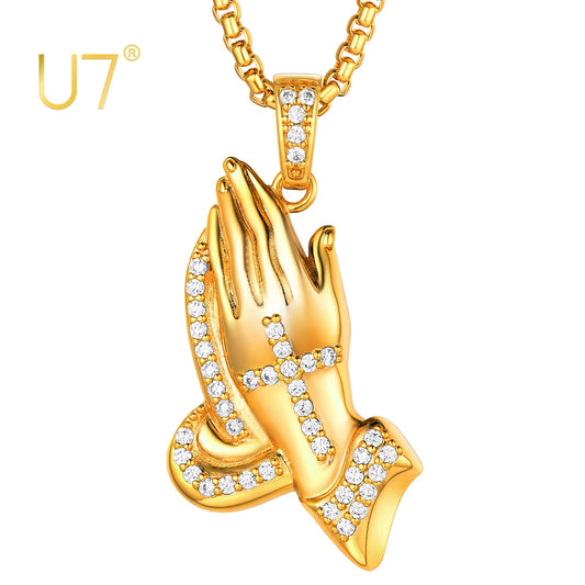 U7 Hip Hop Tennis Necklace CZ Inlaid Praying Hands Pendant Necklace for Men