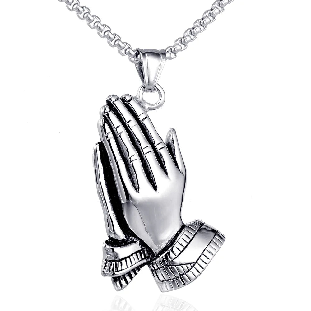 New Trendy Praying Hands Pendant Necklace Men's Necklace Fashion Metal Religious Amulet Pendant Accessories Party Jewelry