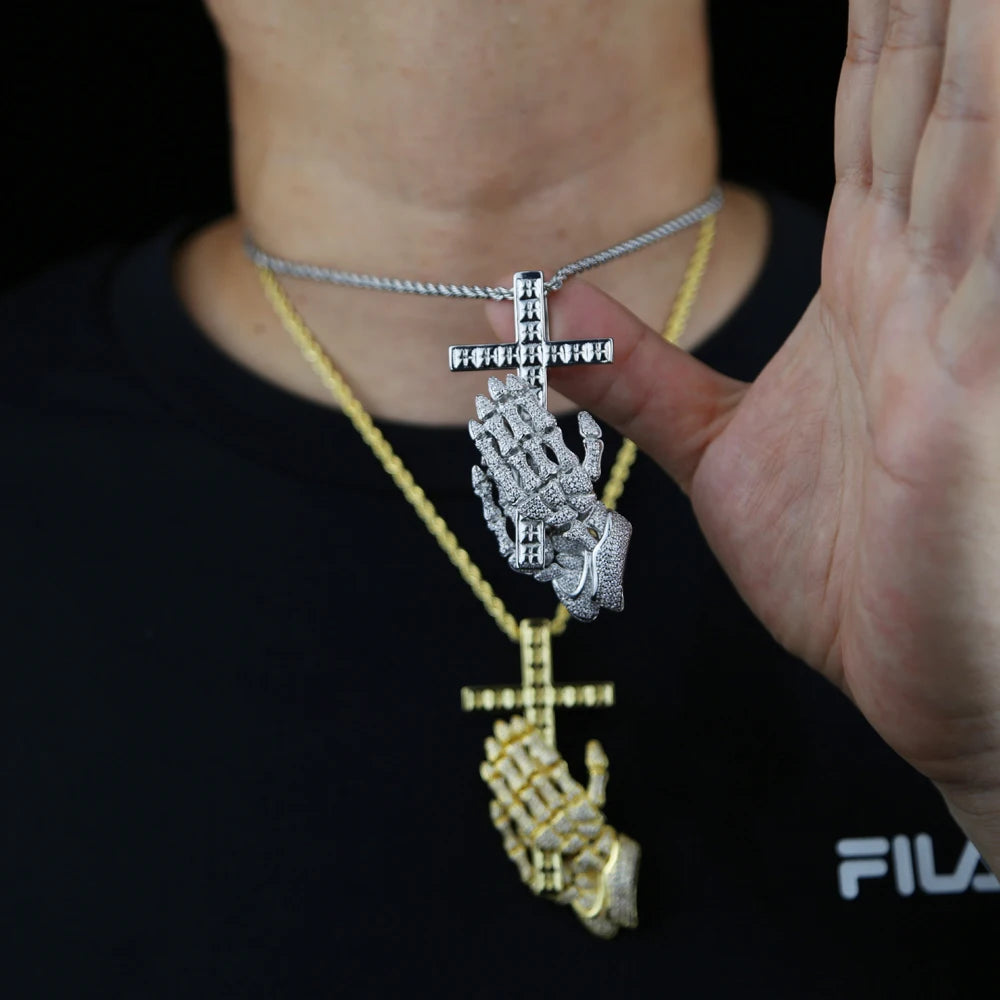 Wholesale Hip Hop Icde Cubic Zirconia CZ Iced Out Praying Hands Cross Necklaces Pendants For Men Jewelry With Twist Rope Chain