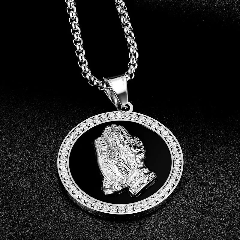 New Praying Hands Pendants & Necklaces with zircon Brother Gift Silver/Gold Color Stainless Steel Hip Hop Men Chain Jewelry