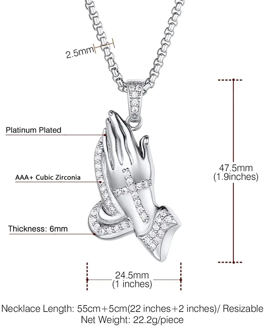 U7 Hip Hop Tennis Necklace CZ Inlaid Praying Hands Pendant Necklace for Men