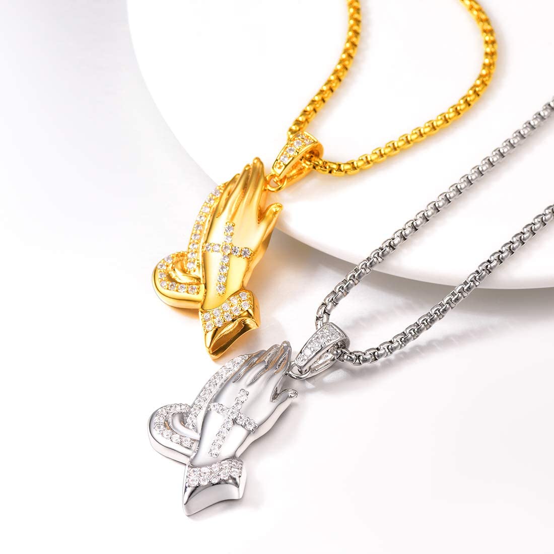 U7 Hip Hop Tennis Necklace CZ Inlaid Praying Hands Pendant Necklace for Men