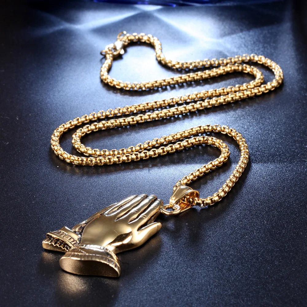 New Trendy Praying Hands Pendant Necklace Men's Necklace Fashion Metal Religious Amulet Pendant Accessories Party Jewelry
